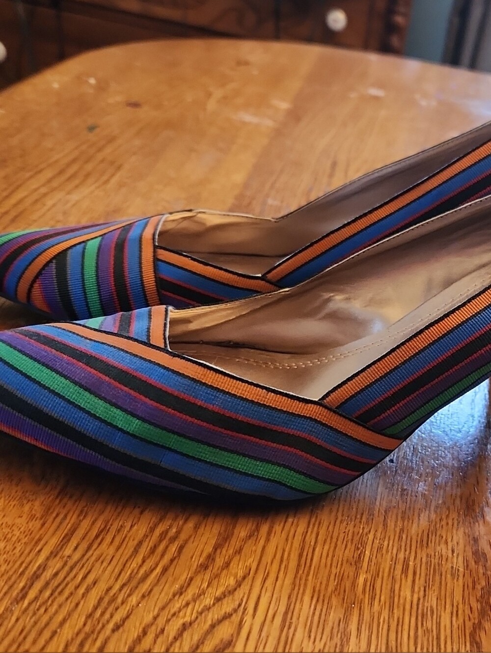 Impo Striped Pointed-Toe Heels in Orange, Blue, Green, Purple, Black